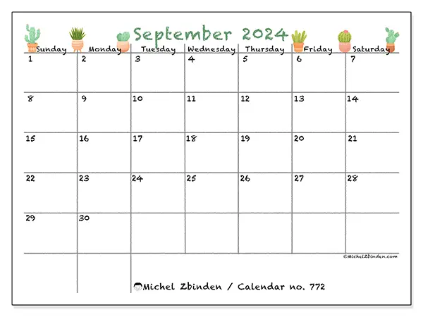 Free printable calendar no. 772 for September 2024. Week: Sunday to Saturday.