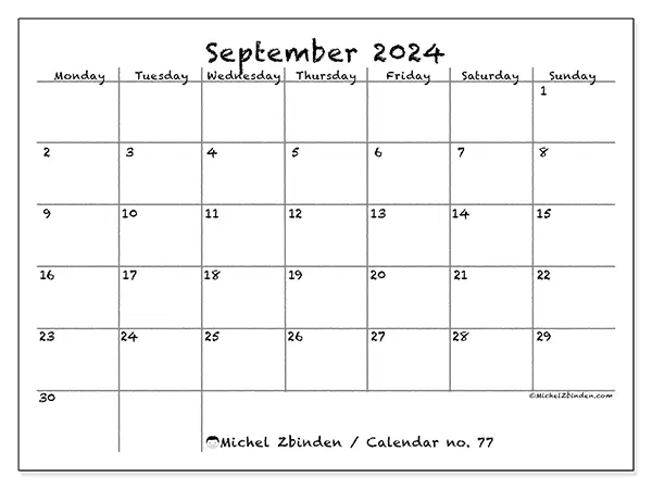 Free printable calendar no. 77 for September 2024. Week: Monday to Sunday.