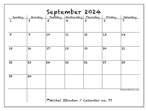 Free printable calendar no. 77 for September 2024. Week: Sunday to Saturday.