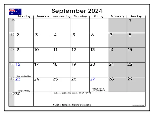 Free printable calendar Australia for September 2024. Week: Monday to Sunday.