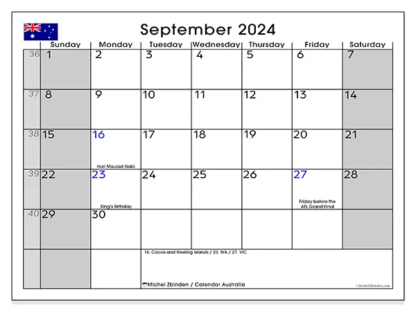 Free printable calendar Australia for September 2024. Week: Sunday to Saturday.