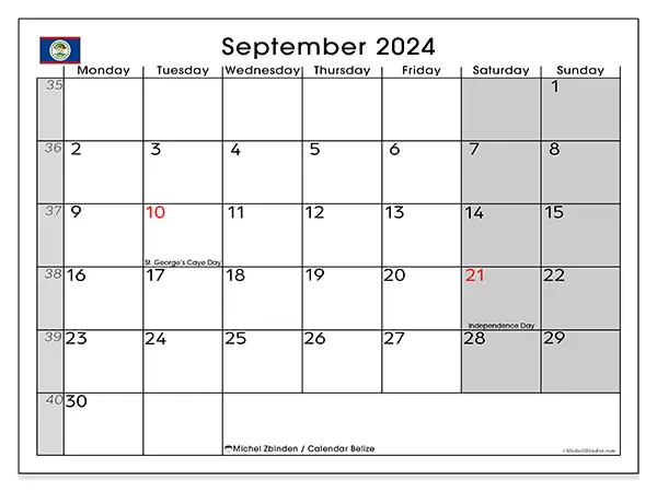 Free printable calendar Belize for September 2024. Week: Monday to Sunday.