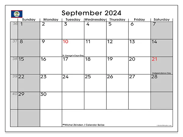 Free printable calendar Belize for September 2024. Week: Sunday to Saturday.