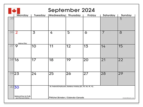Free printable calendar Canada for September 2024. Week: Monday to Sunday.
