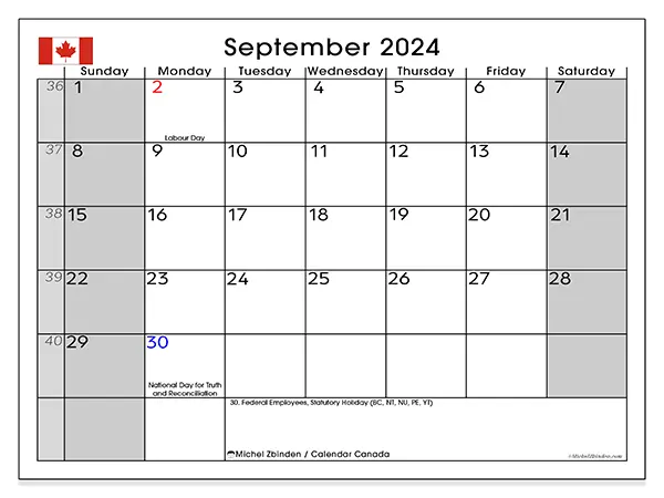 Free printable calendar Canada for September 2024. Week: Sunday to Saturday.