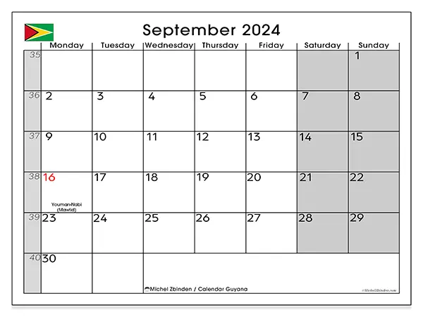 Free printable calendar Guyana for September 2024. Week: Monday to Sunday.