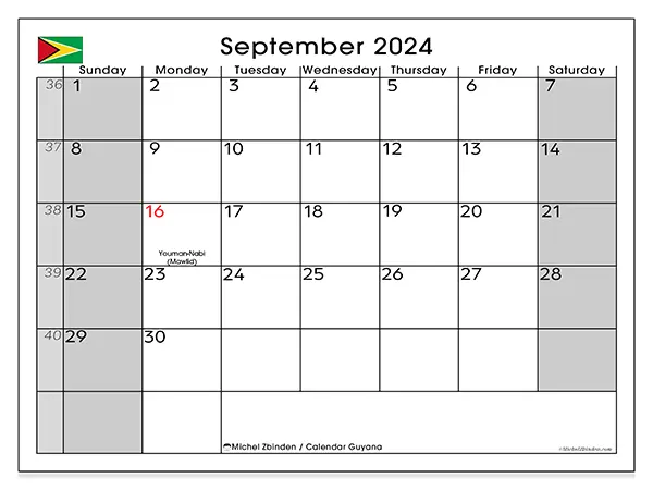 Free printable calendar Guyana for September 2024. Week: Sunday to Saturday.
