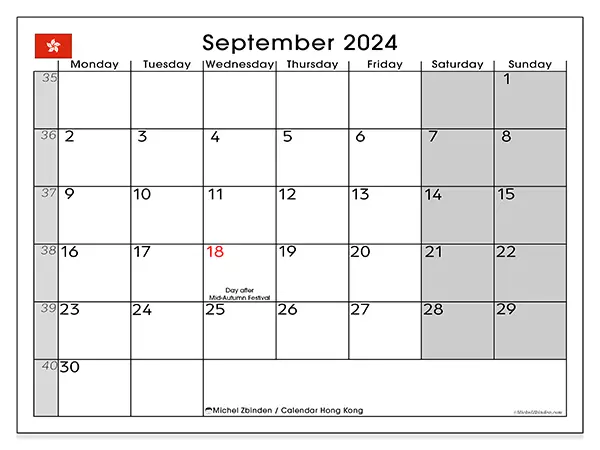 Free printable calendar Hong Kong for September 2024. Week: Monday to Sunday.