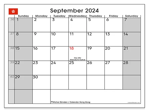Free printable calendar Hong Kong for September 2024. Week: Sunday to Saturday.