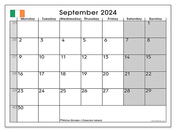 Free printable calendar Ireland for September 2024. Week: Monday to Sunday.