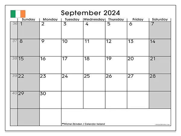 Free printable calendar Ireland for September 2024. Week: Sunday to Saturday.