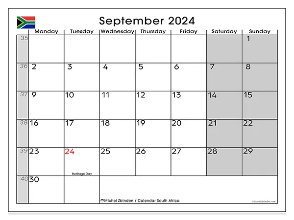 Free printable calendar South Africa for September 2024. Week: Monday to Sunday.