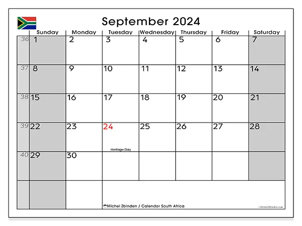 Free printable calendar South Africa for September 2024. Week: Sunday to Saturday.