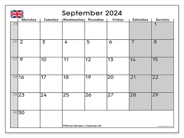 Free printable calendar UK for September 2024. Week: Monday to Sunday.