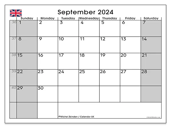 Free printable calendar UK for September 2024. Week: Sunday to Saturday.