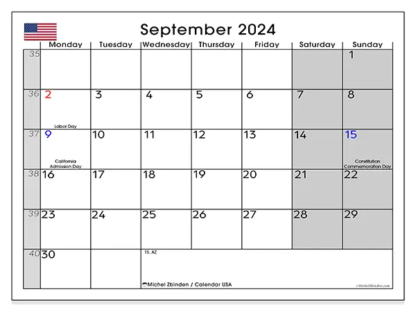 Free printable calendar USA for September 2024. Week: Monday to Sunday.