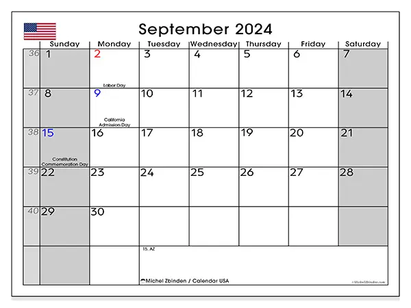 Free printable calendar USA for September 2024. Week: Sunday to Saturday.