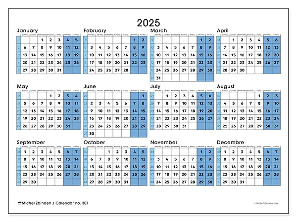 Free printable calendar no. 301, 2025. Week:  