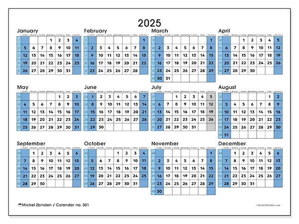 Printable calendar no. 301, 2025
