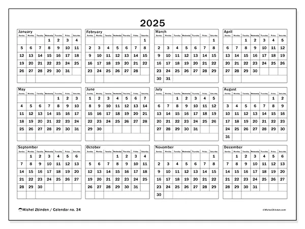 Printable calendar no. 34, 2025