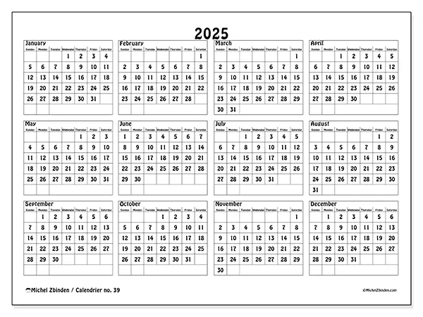 Printable calendar no. 39, 2025
