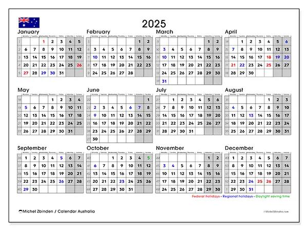 Free printable calendar Australia,  2025. Week:  Monday to Sunday