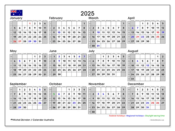 Free printable Australia 2025 calendar. Week: Sunday to Saturday.