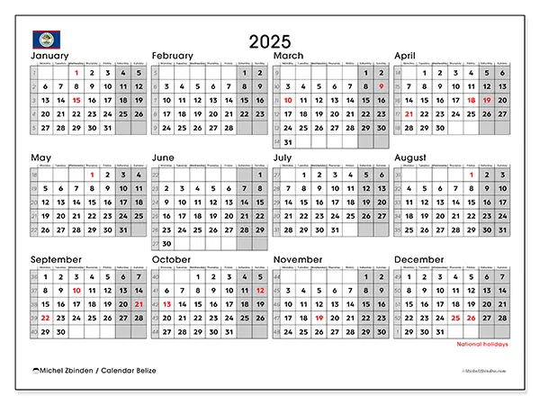 Free printable calendar Belize,  2025. Week:  Monday to Sunday
