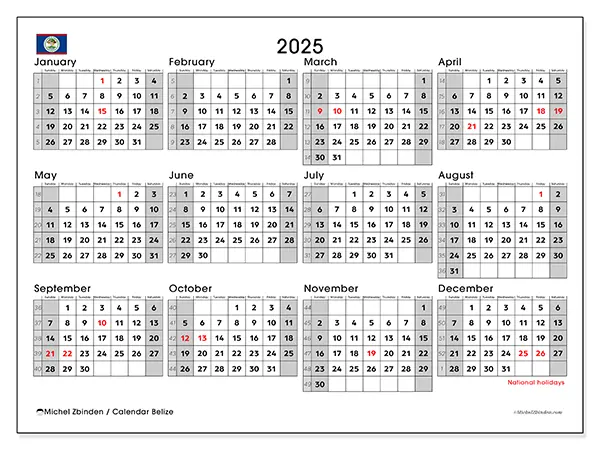 Free printable Belize 2025 calendar. Week: Sunday to Saturday.