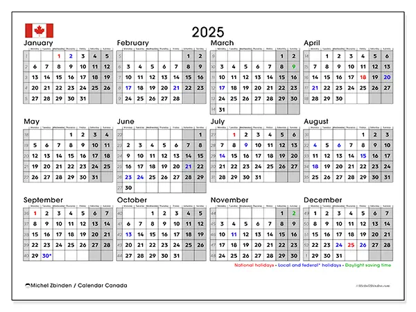 Free printable calendar Canada,  2025. Week:  Monday to Sunday