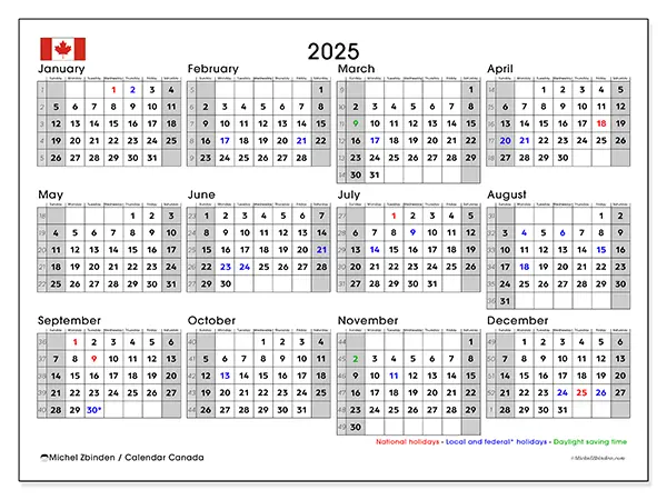 Free printable Canada 2025 calendar. Week: Sunday to Saturday.