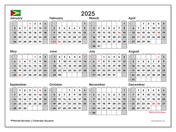 Free printable Guyana 2025 calendar. Week: Sunday to Saturday.