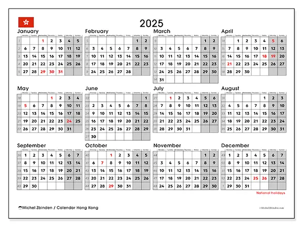 Free printable calendar Hong Kong,  2025. Week:  Monday to Sunday