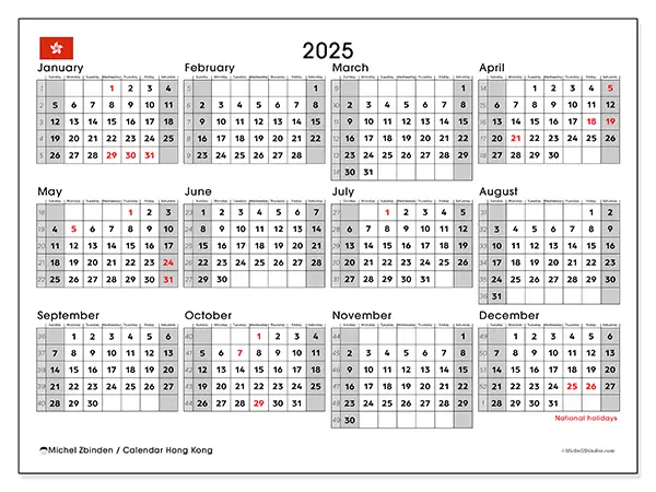 Printable calendar Hong Kong, 2025