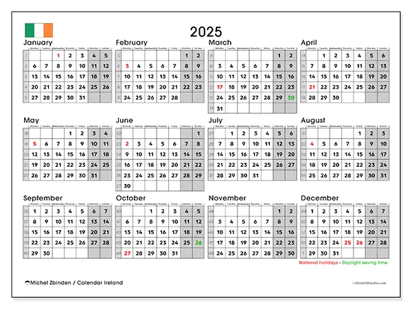 Free printable calendar Ireland,  2025. Week:  Monday to Sunday