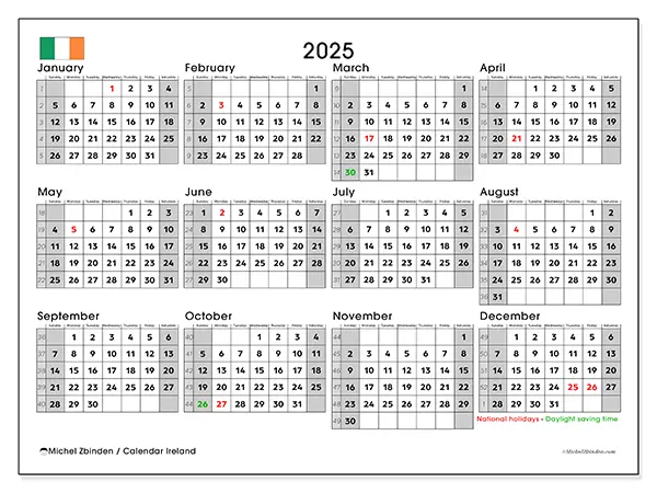 Printable calendar Ireland, 2025