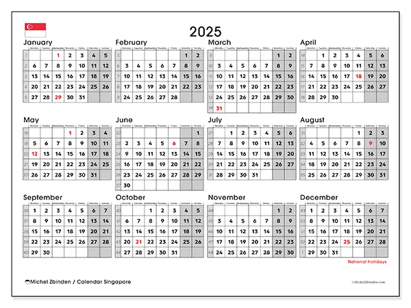 Free printable calendar Singapore,  2025. Week:  Monday to Sunday
