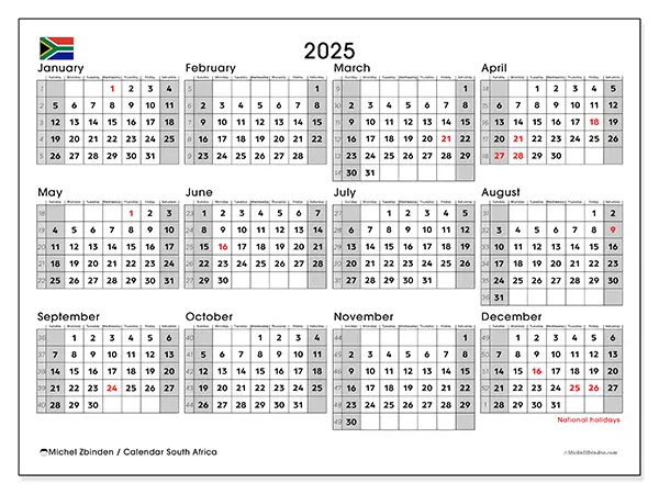 Printable calendar South Africa, 2025