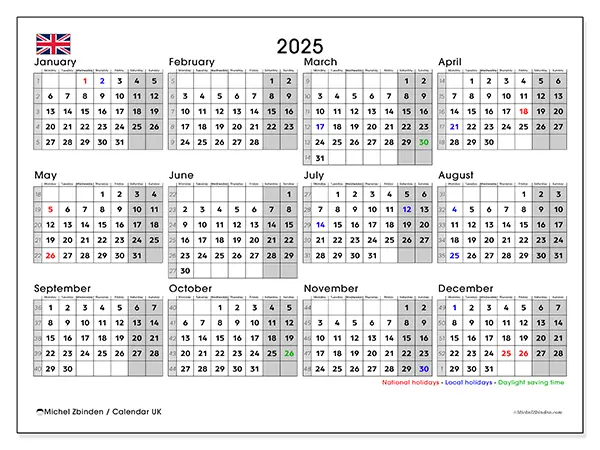 Free printable calendar UK,  2025. Week:  Monday to Sunday