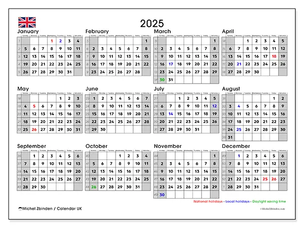 Printable calendar United Kingodm, 2025