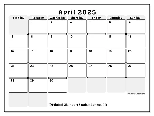 Free printable calendar n° 44, April 2025. Week:  Monday to Sunday
