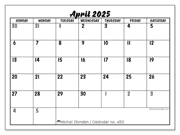 Free printable calendar n° 450 for April 2025. Week: Sunday to Saturday.