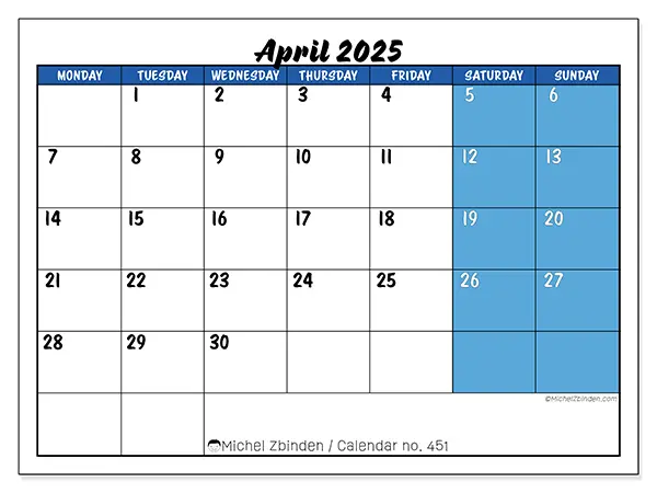 Free printable calendar n° 451, April 2025. Week:  Monday to Sunday