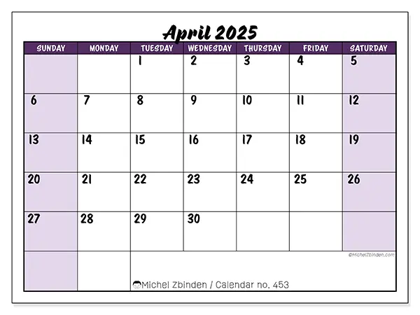 Free printable calendar n° 453 for April 2025. Week: Sunday to Saturday.