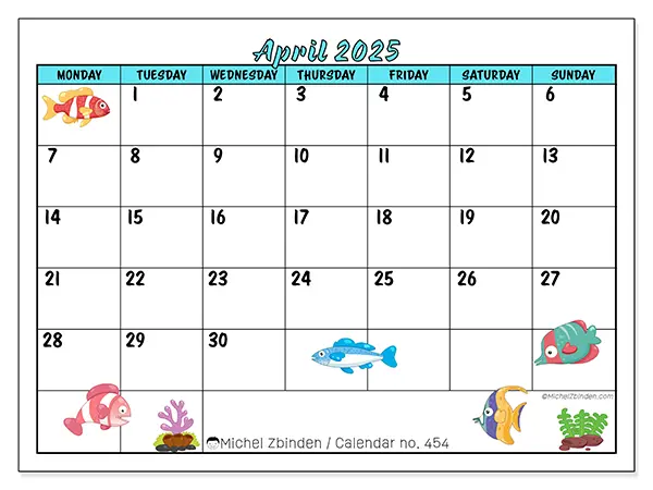 Free printable calendar n° 454 for April 2025. Week: Monday to Sunday.