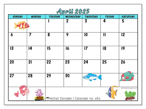 Free printable calendar n° 454 for April 2025. Week: Sunday to Saturday.