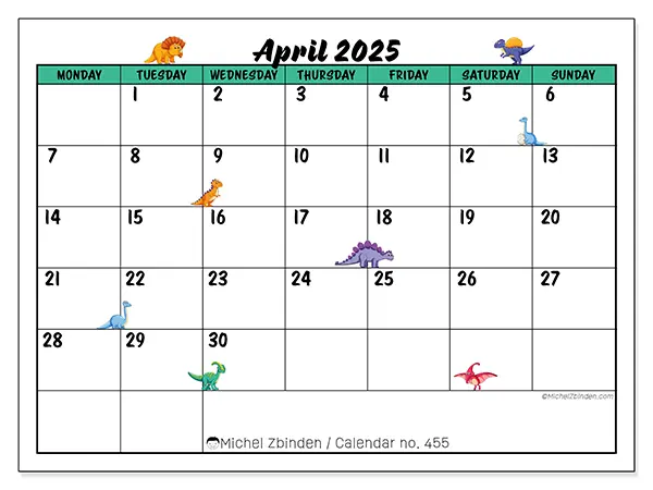 Free printable calendar n° 455, April 2025. Week:  Monday to Sunday