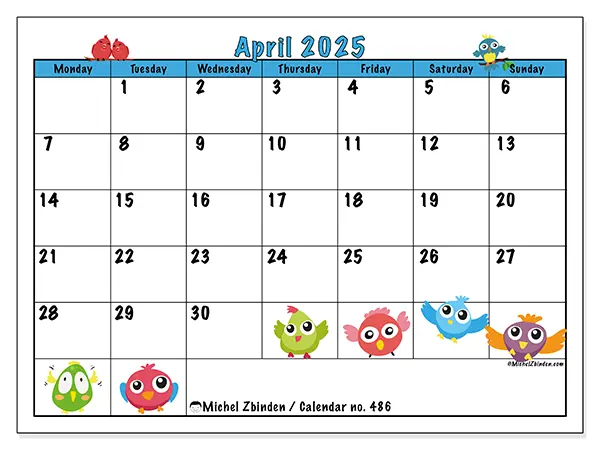 Free printable calendar no. 486 for April 2025. Week: Monday to Sunday.