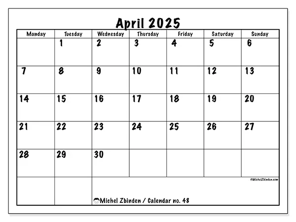 Free printable calendar no. 48 for April 2025. Week: Monday to Sunday.