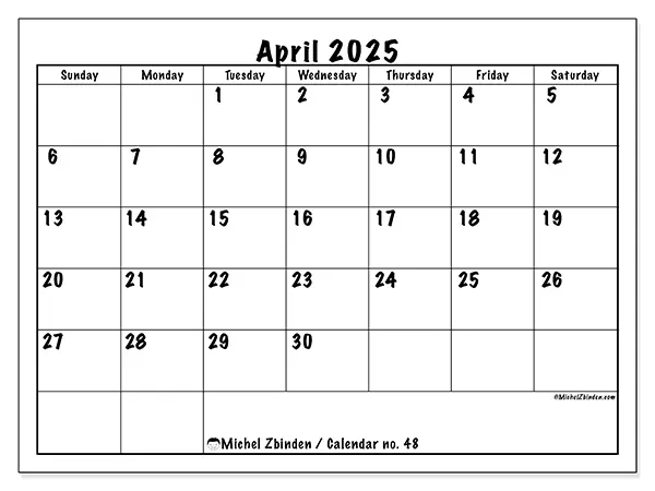 Free printable calendar no. 48 for April 2025. Week: Sunday to Saturday.